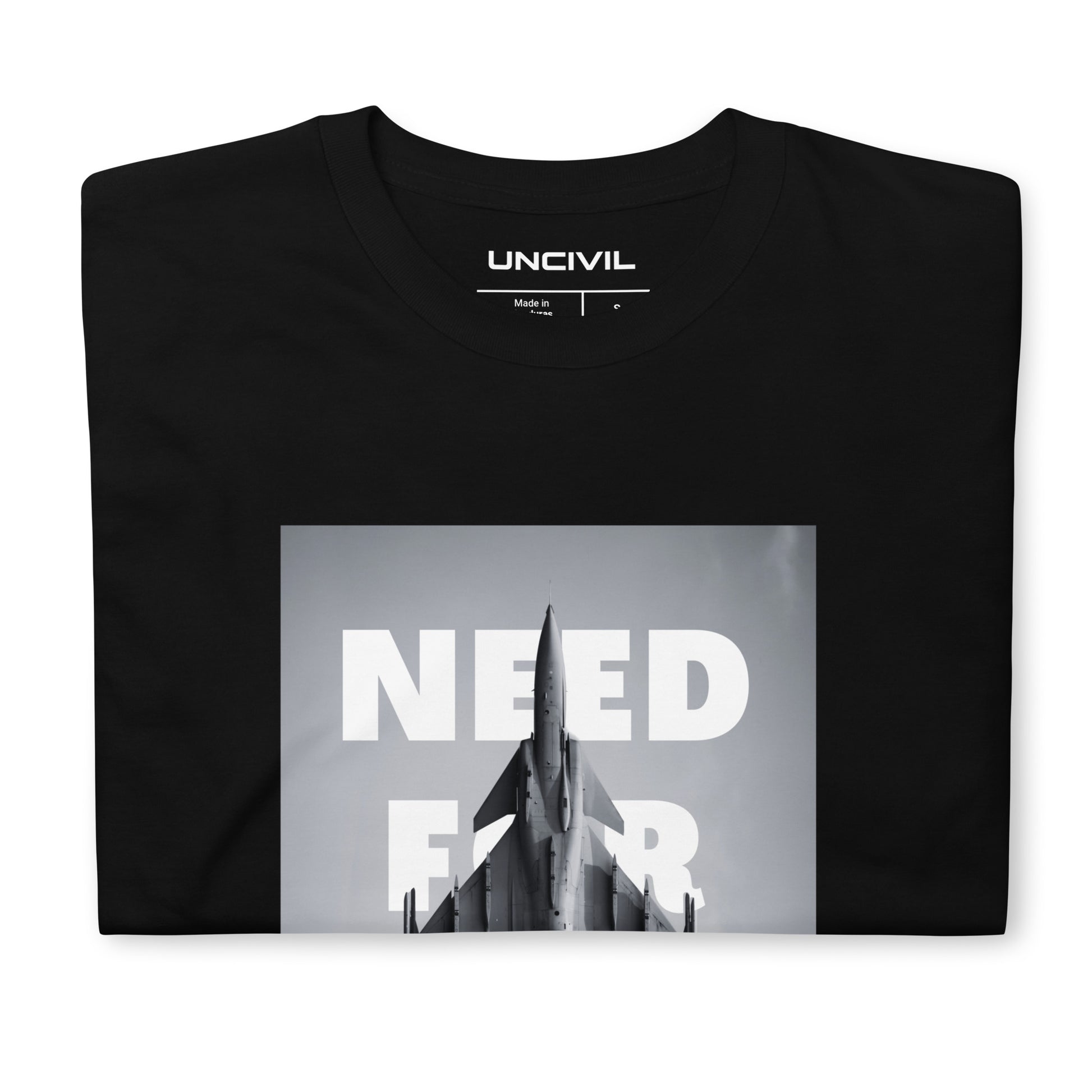 Our Need for Speed shirt features a graphic of a fighter jet.  Black unisex shirt.