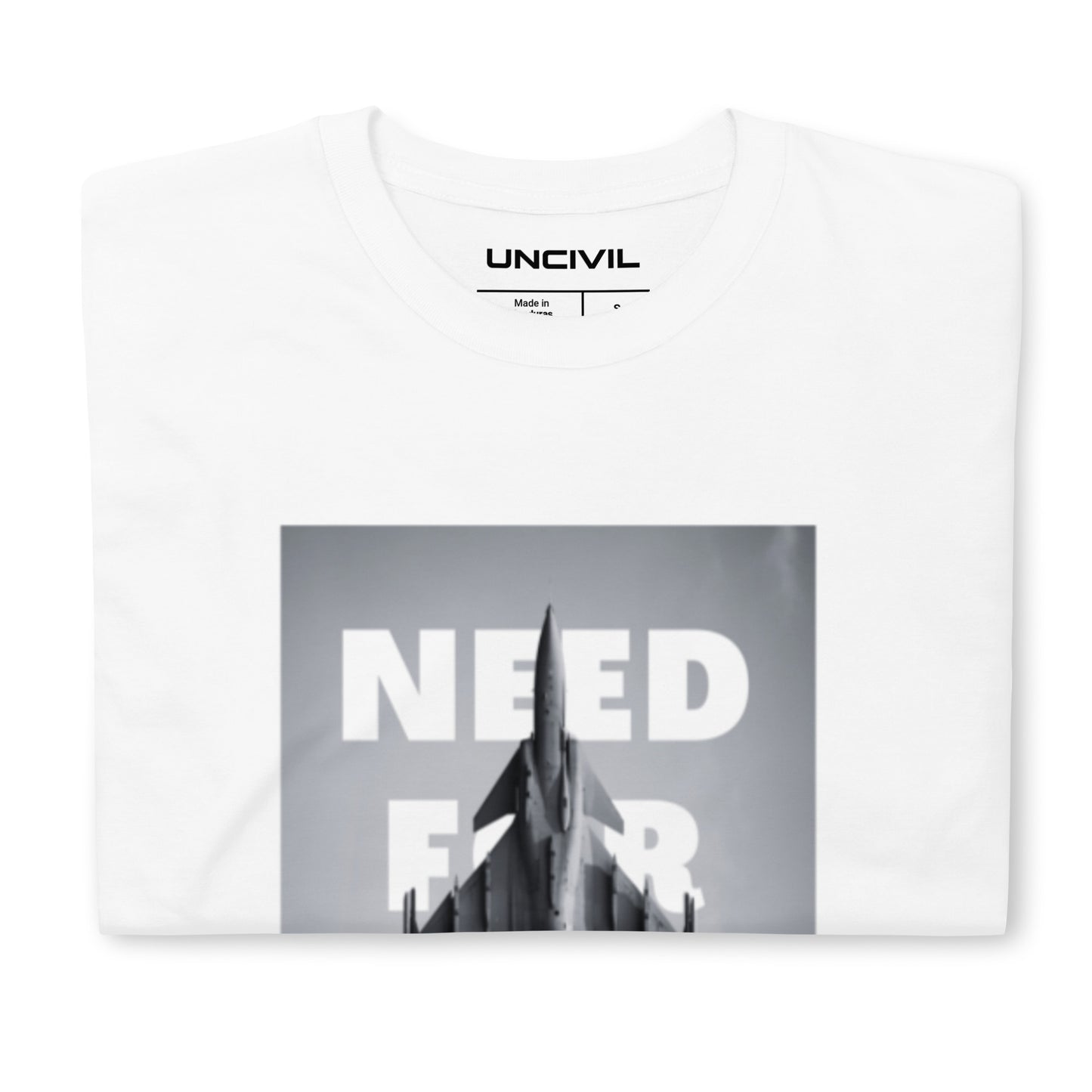 Our Need for Speed shirt features a graphic of a fighter jet.  White unisex shirt.