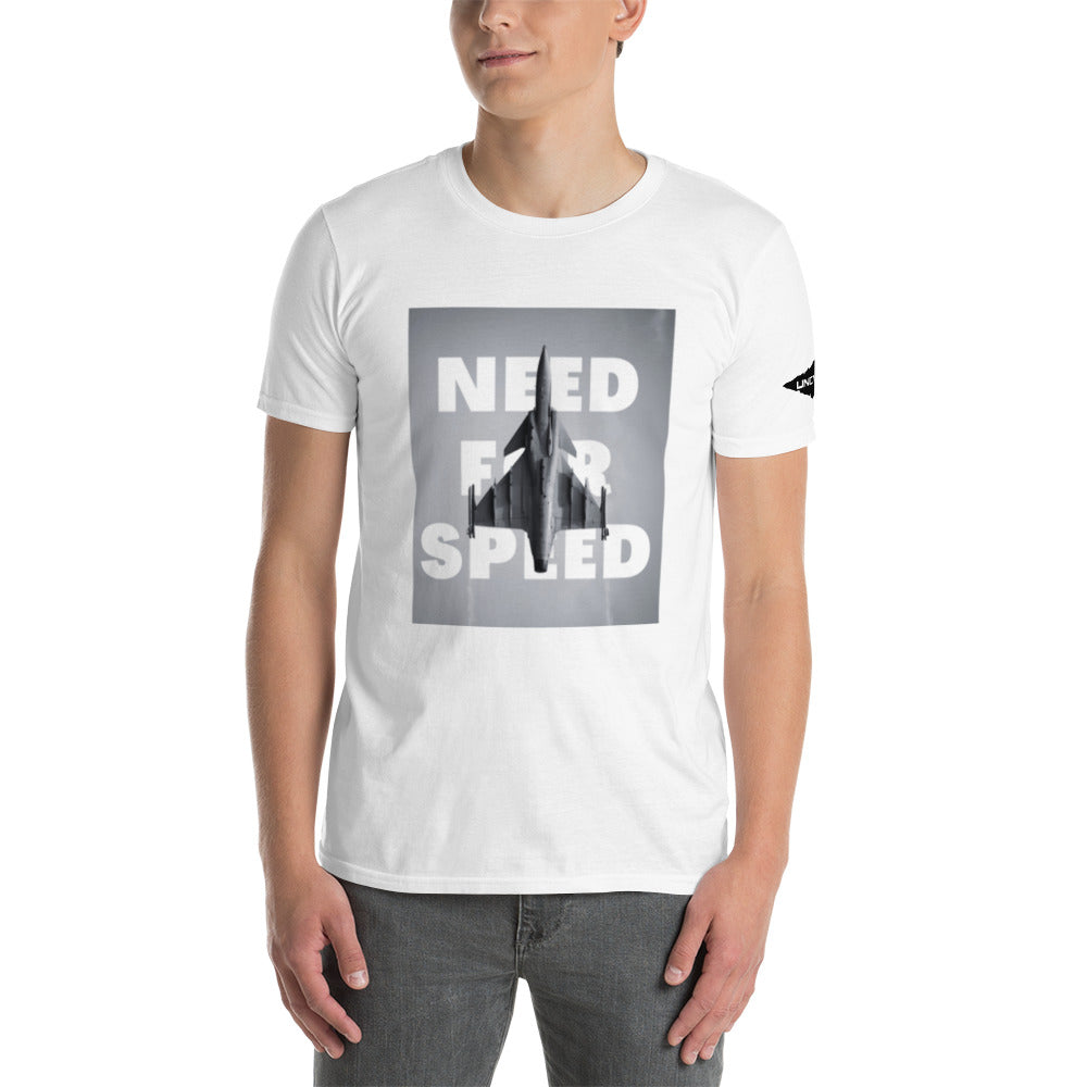 Our Need for Speed shirt features a graphic of a fighter jet.  White unisex shirt.