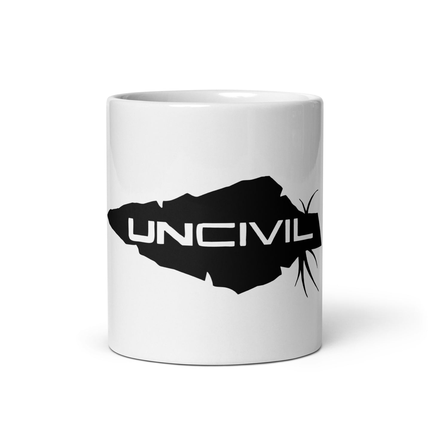 Our glossy white UNCIVIL ceramic 11 oz mug features our black spear UNCIVIL logo. 