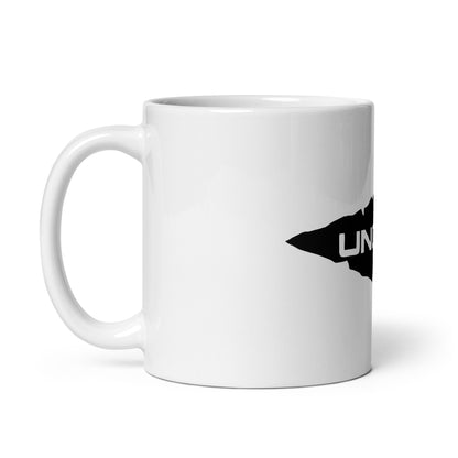 Our glossy white UNCIVIL ceramic 11 oz mug features our black spear UNCIVIL logo. 