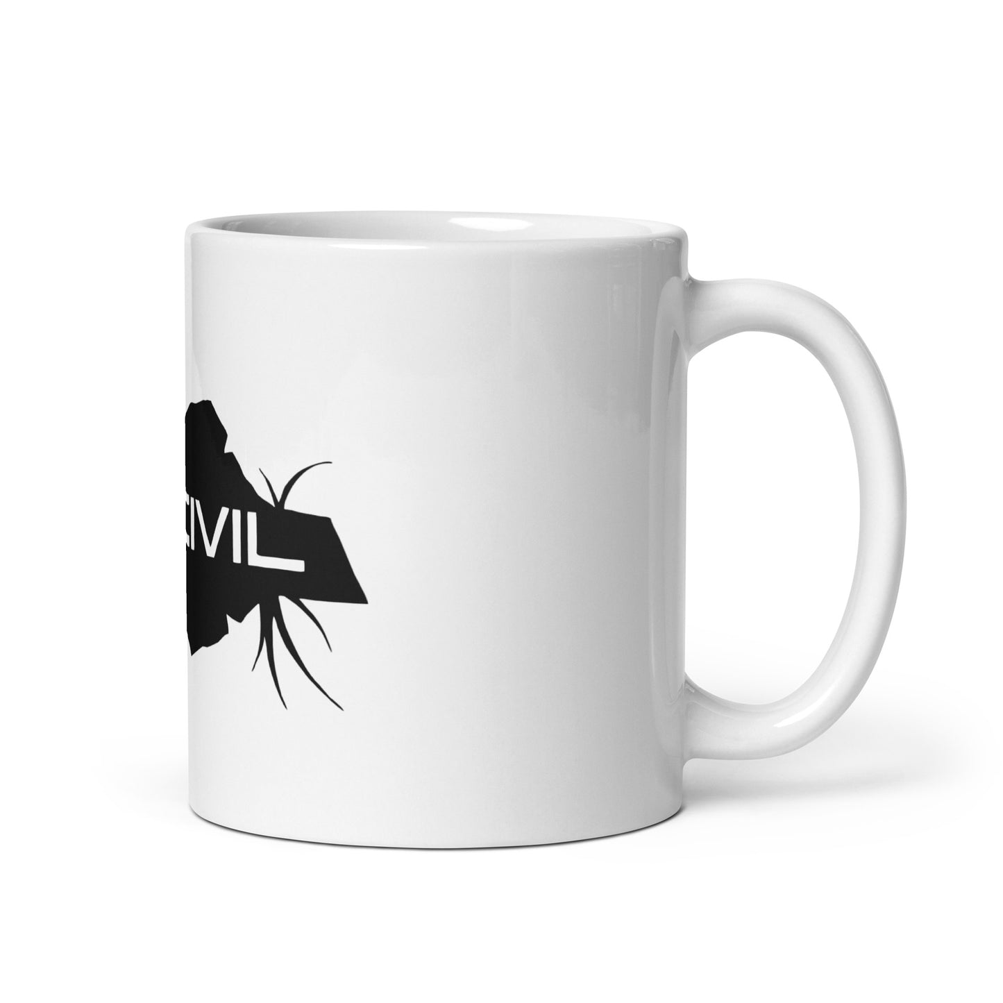 Our glossy white UNCIVIL ceramic 11 oz mug features our black spear UNCIVIL logo. 