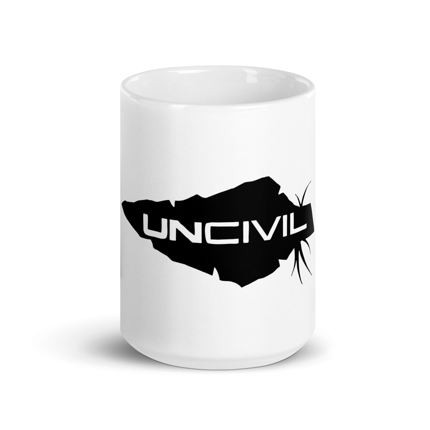 Our glossy white UNCIVIL ceramic 15 oz mug features our black spear UNCIVIL logo. 