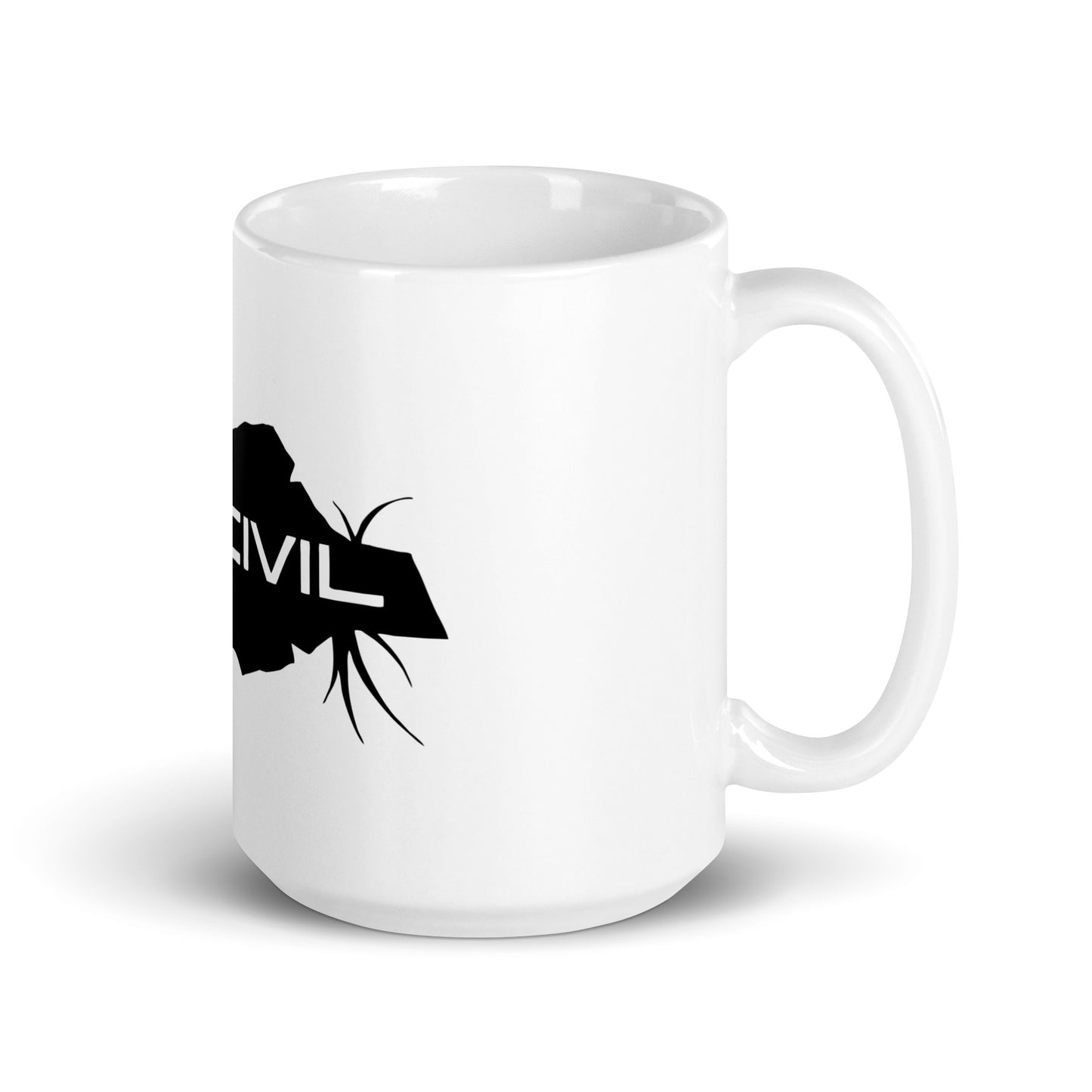 Our glossy white UNCIVIL ceramic 15 oz mug features our black spear UNCIVIL logo. 