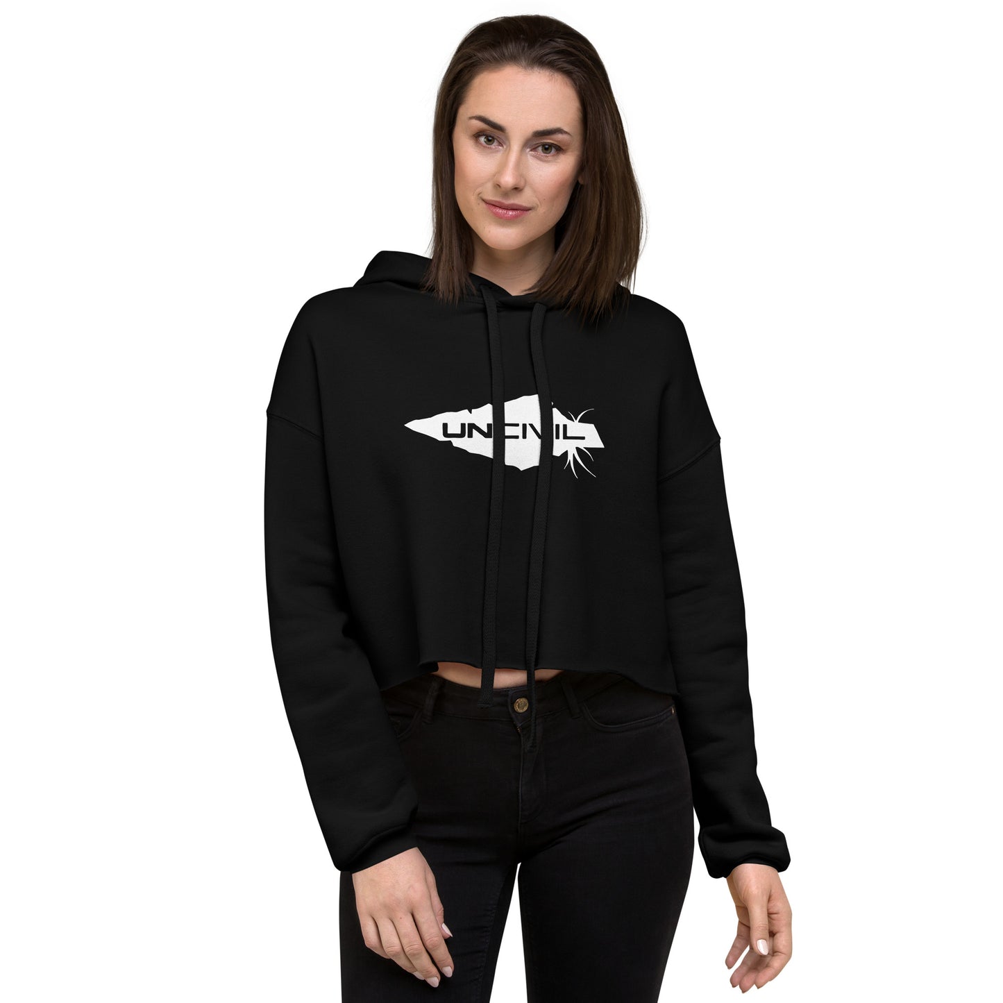 UNCIVIL women's Crop Hoodie is soft and comfy! this crop hoodie features our one and only white spear on black hoodie!