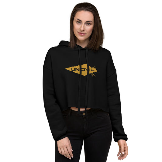 UNCIVIL women's Crop Hoodie is soft and comfy! this crop hoodie features our one and only gold spear on black hoodie!
