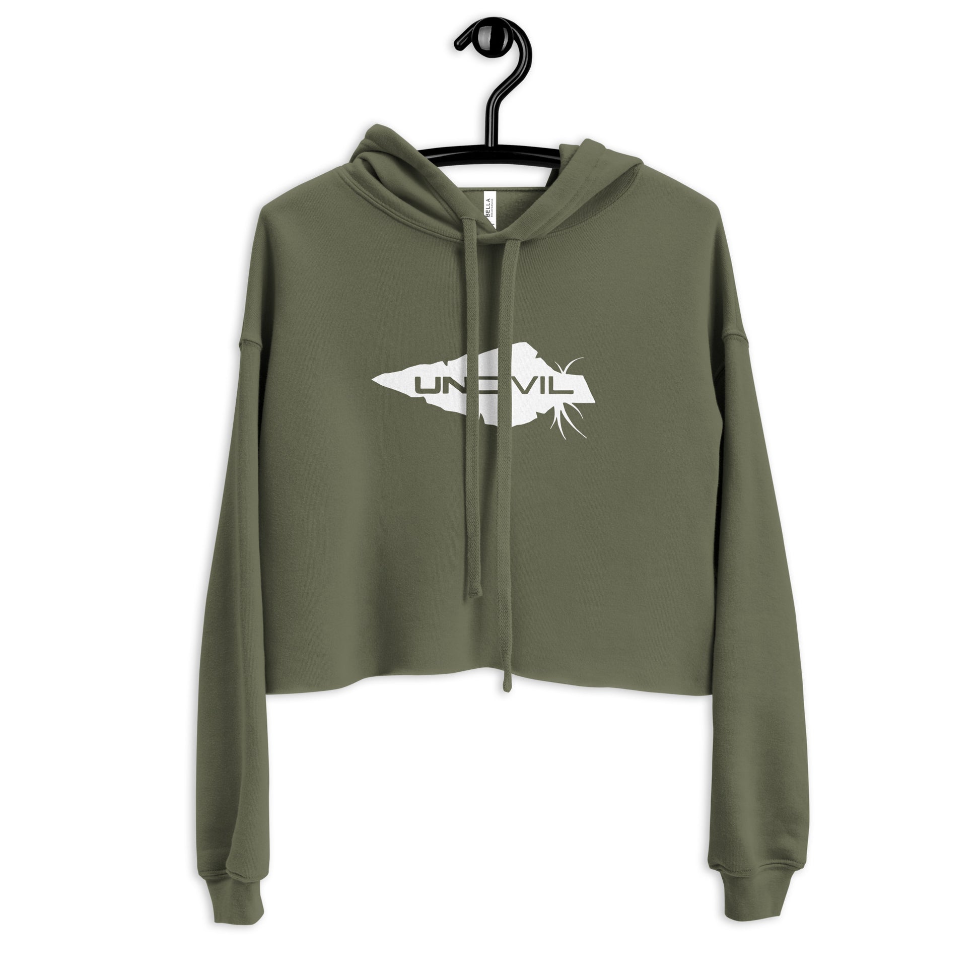 UNCIVIL women's Crop Hoodie is soft and comfy! this crop hoodie features our one and only white spear on Military Green hoodie!